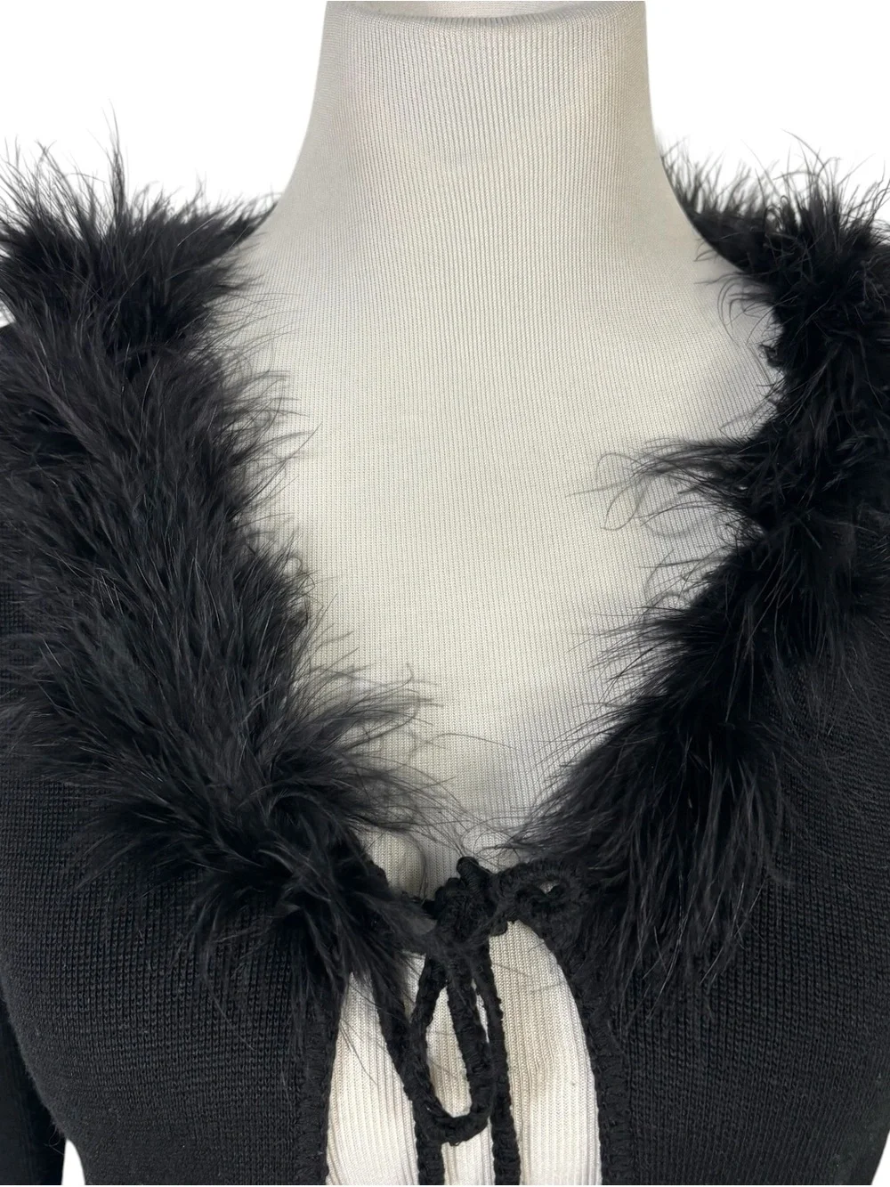 Vintage 90s Y2K Cardigan Sweater Top Black Feather Trim Grunge Punk Anime Sz M